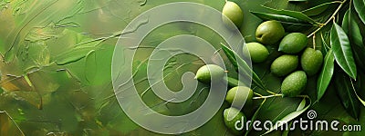 Fresh Green Olives With Leaves on a Textured Olive-Colored Background Stock Photo