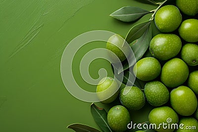 Fresh Green Olives With Leaves on a Textured Olive-Colored Background Stock Photo