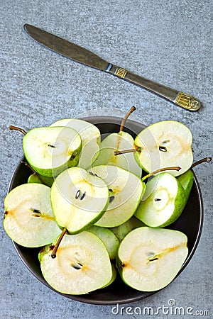 Fresh green pears. Pears harvest. Freshly harvested pears. Stock Photo