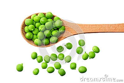 fresh green peas in a wooden spoon isolated on a white background. top view Stock Photo