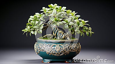 Fresh green plant growth in ornate Japanese flower pot decoration Stock Photo