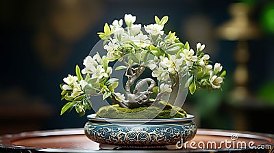 Fresh green plant growth in ornate Japanese flower pot decoration Stock Photo