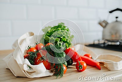 Fresh vegetables in linen bag Stock Photo