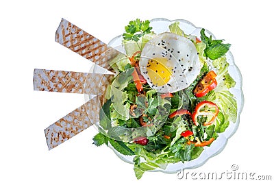 Fresh Green Salad with Fried Egg and Lavash Stock Photo