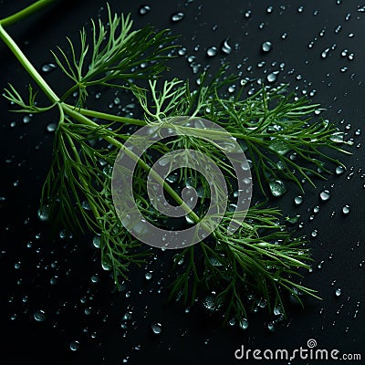 Fresh green sprig of dill with large drops of water on a black background close-up, aromatic herb for salad Stock Photo