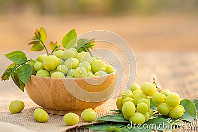 Fresh green star gooseberry (tropical Thai fruit) in bowl on wooden plank background Stock Photo