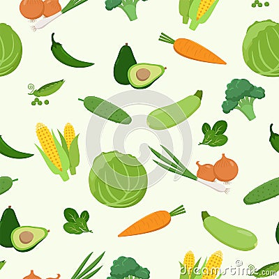 Fresh green various vegetables seamless pattern in flat design. Set of vector vegetables. Cabbage, carrot, corn, avocado Vector Illustration