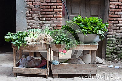 Fresh green vegetables and spinach sale on one of the many open markets in Nepal Stock Photo