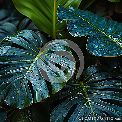 fresh green wet philodendron leaves Stock Photo