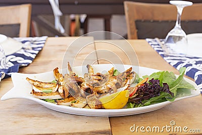 Delicious grilled baby octopus with rocket leaves and salad Stock Photo