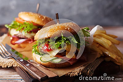 Fresh grilled beef burger and french fries Stock Photo