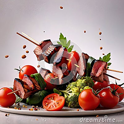 Fresh grilled beef on stick with vegetables, healthy meat dish Stock Photo