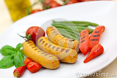 Fresh grilled sausages with red bell pepper Stock Photo