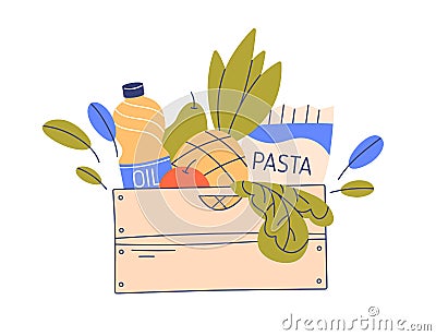 Fresh groceries, food products in wood crate. Purchases, fruits, pasta, oil in wooden box. Package container full of Vector Illustration