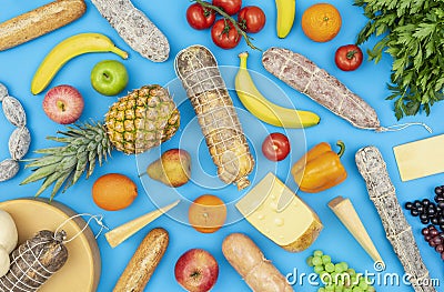 Fresh grocery shopping products background Stock Photo