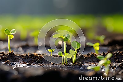 Fresh growth Young cucumber seedling emerges in the field with plastic Stock Photo