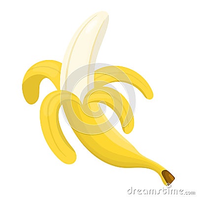 Fresh half peeled banana isolated on white background. Yellow cartoon banana for market, recipe design. Sweet organic food. Vector Vector Illustration