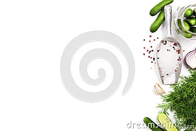 Fresh harvested cucumbers with ingredients for cooking pickled c Stock Photo