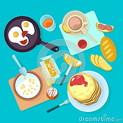 Fresh healthy breakfast food and drinks top view isolated on blue backgraund Vector Illustration