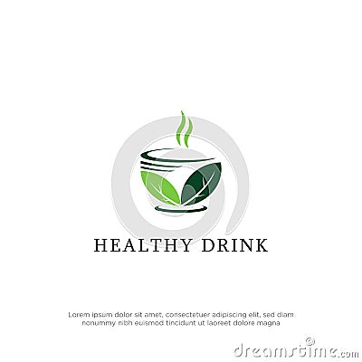 Fresh Healthy drink logo design vector, cup with leaf and smoke flat design template Vector Illustration
