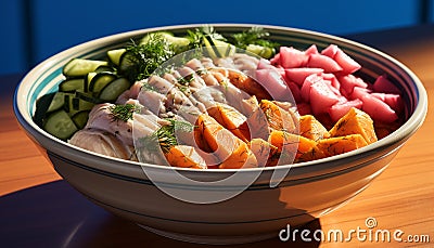 A fresh, healthy meal vegetarian salad with grilled fish generated by AI Stock Photo