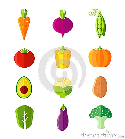 Fresh healthy vegetables flat style organic icons Vector Illustration