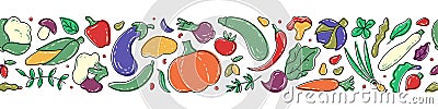 Fresh healthy vegetables seamless horizontal background. Border with colorful vegetables. Eggplant, cucumber, carrot, chanterelle Vector Illustration