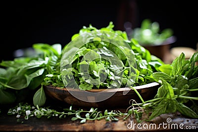 Fresh herb assortment in wooden bowl Stock Photo