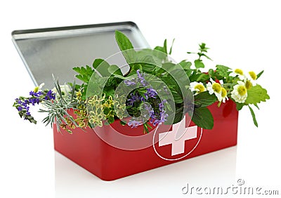 Fresh herbs in first aid kit Stock Photo