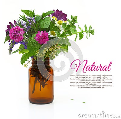 Fresh herbs and flowers in a medical bottle Stock Photo