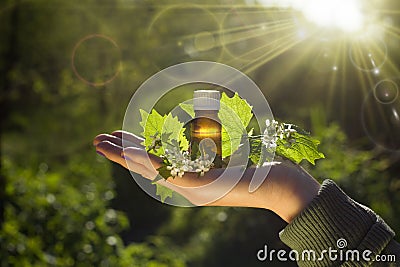 Hand with aroma oil in bottle. Bach flower essence Stock Photo