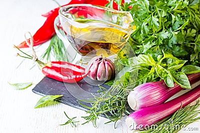 Fresh herbs, oil and seasoning. healthy food concept Stock Photo