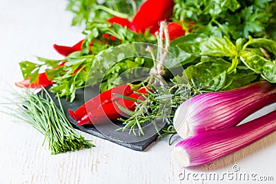 Fresh herbs, oil and seasoning. healthy food concept Stock Photo