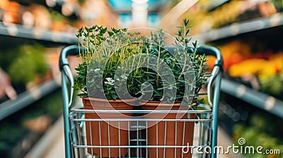 Fresh herbs in pots in a shopping cart at a grocery store Stock Photo