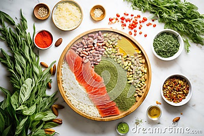 fresh herbs, seeds, and nuts surrounding a prepped raw pizza Stock Photo
