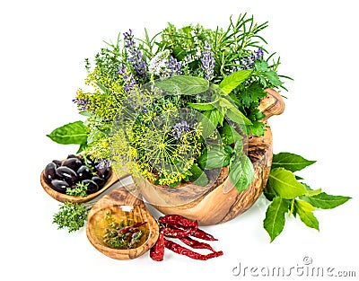 Fresh herbs and spices dill, basil, sage, lavender, laurel, oliv Stock Photo