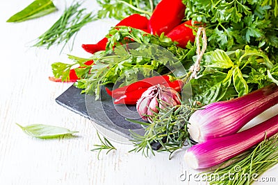 Fresh herbs, vegetables and seasoning. healthy food concept Stock Photo