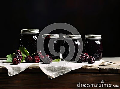 Fresh homemade blackberry jam in glass jar on a wooden background. Several fresh berries are near it. Created with Stock Photo