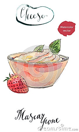 Fresh homemade cheese mascarpone in a bowl with strawberry Vector Illustration