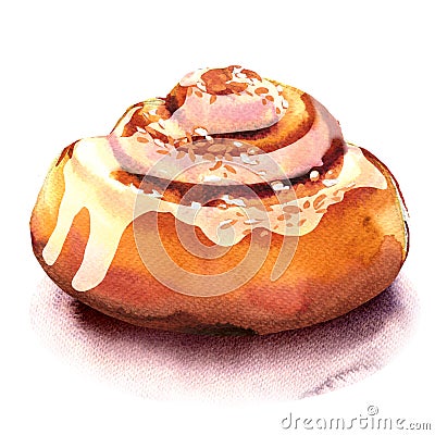 Fresh homemade cinnamon rolls, sweet bun, dessert isolated, watercolor illustration on white Cartoon Illustration