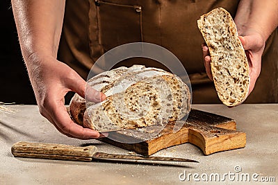 Fresh homemade crisp bread on a wooden board. kitchen or bakery. banner, menu, recipe place for text, top view Stock Photo