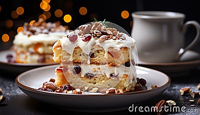 Fresh homemade dessert sweet pie, chocolate, whipped cream, almond, cranberry generated by AI Stock Photo