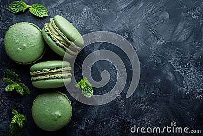 Fresh homemade green macarons with mint on a dark backdrop Stock Photo