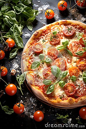 Fresh Homemade Italian Pizza, freshly prepared pizza, baked with herbs and vegetables Stock Photo