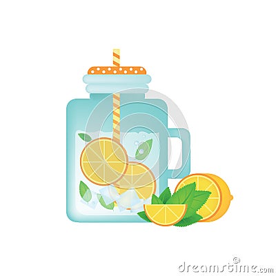 Fresh homemade lemonade in vintage mason jar with orange, ice, mint and orange slice. Stock Photo