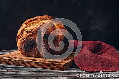 Fresh homemade loaf of bread with crispy toasted crust. Selective focus, copy space Stock Photo