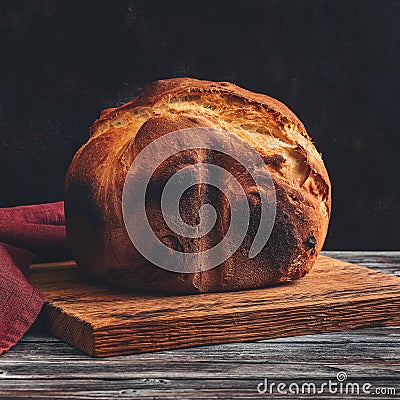 Fresh homemade loaf of bread with crispy toasted crust. Selective focus, toned Stock Photo