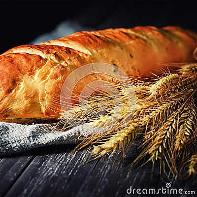 Fresh homemade loaf of bread with spikelets of rye on wooden background Stock Photo