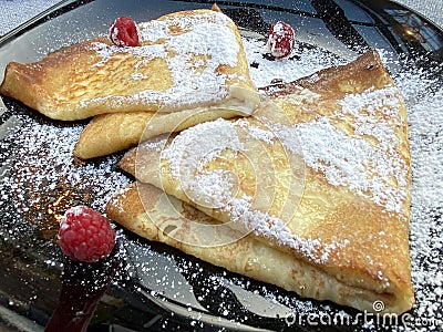 Fresh homemade pancake with white chees and raspberries Stock Photo