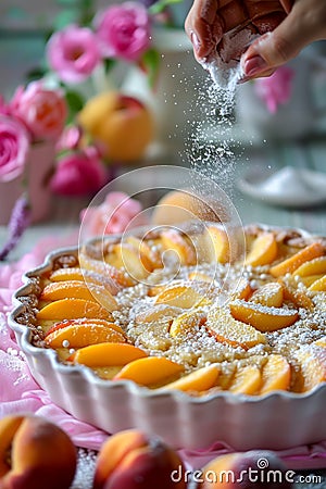 Fresh Homemade Peach Tart Sprinkled with Powdered Sugar on Kitchen Counter with Pink Flowers Stock Photo